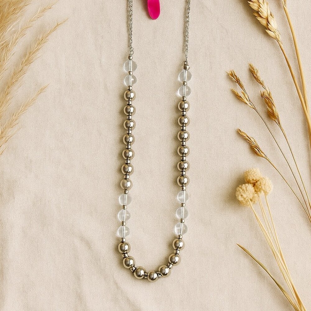 Ophelia Roe Silver & Clear Bead Orb Necklace – 32” + 3” Extender, Modern Minimal